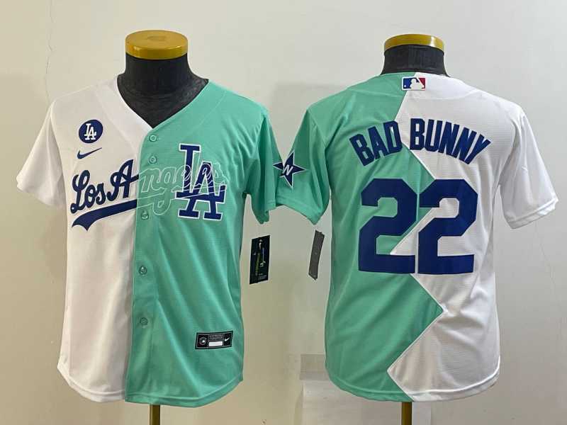Youth Los Angeles Dodgers #22 Bad Bunny White Green Two Tone 2022 Celebrity Softball Game Cool Base Jersey,We sell and wholesale Youth Los Angeles Dodgers #22 Bad Bunny White Green Two Tone 2022 Celebrity Softball Game Cool Base Jersey on line form chian!